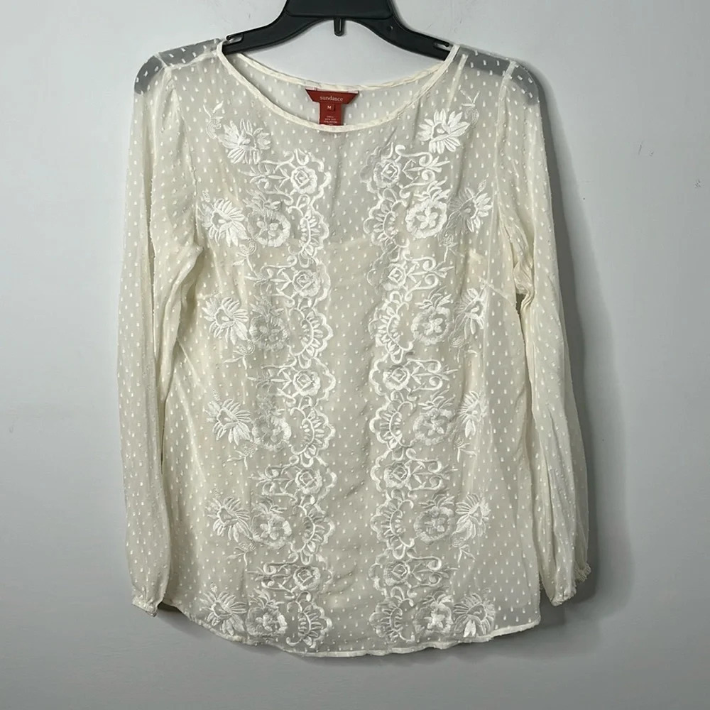 Sundance White Silk Floral Embroidered Swiss Dot Blouse